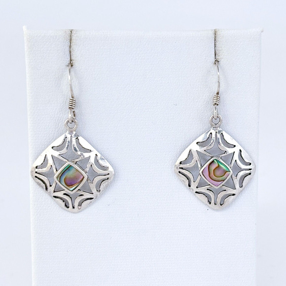 Vintage Sterling Silver 925 Abalone Inlay Dangle Earrings - Picture 2 of 6